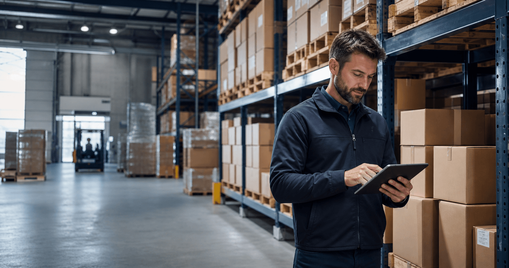 Illustrative wholesale warehouse scene with an operations professional using a tablet