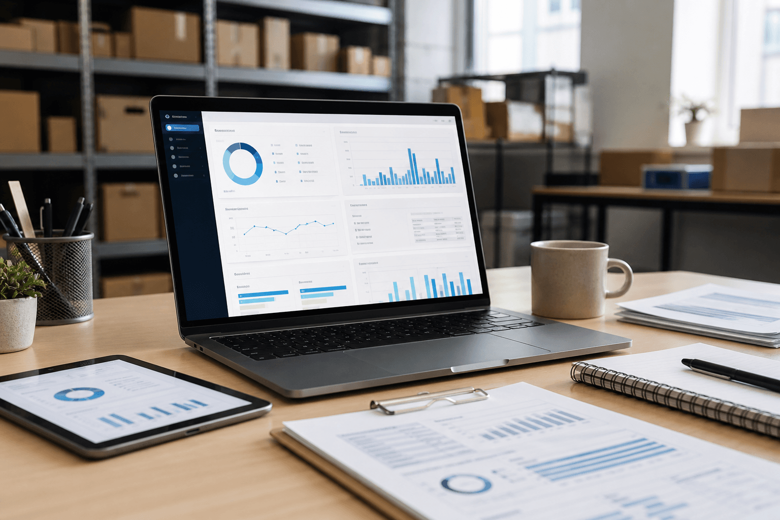 Illustrative operations workspace with dashboards, organized reports, and business data